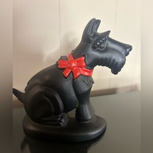 Scottie Dog Vintage Black Cast Iron Scottish Terrier Red Bow Dog Door Stop  7.5"